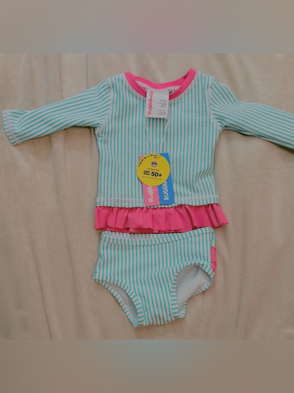NWT RuffleButts Baby Girls Seersucker Long Sleeve Rash Guard Bikini, 3-6M
